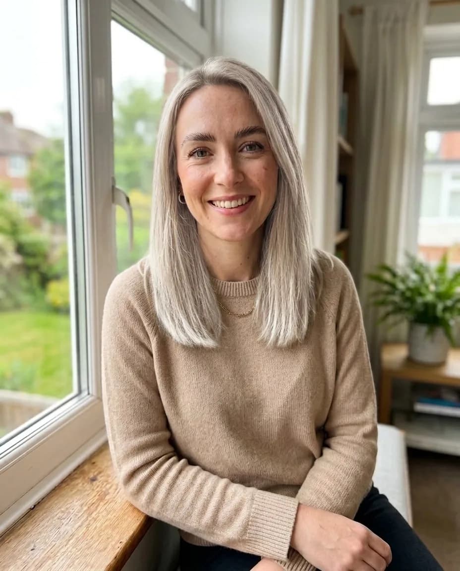 Та же женщина с той же стрижкой, волосы платинового блонда, брови уложены вверх