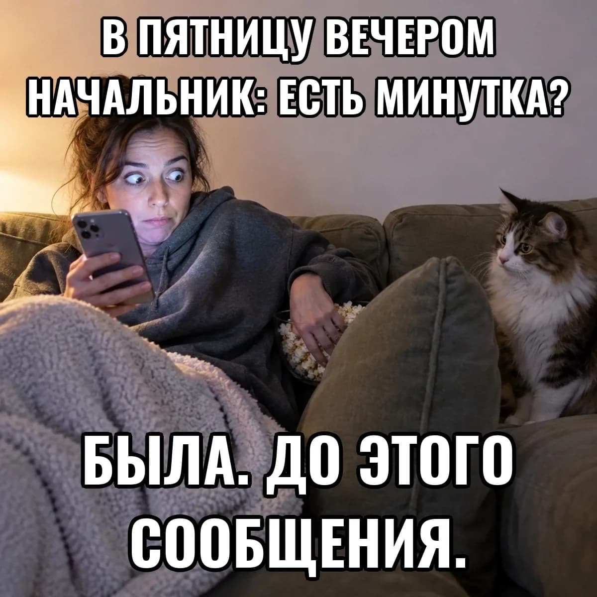 Девушка с котом на диване испуганно смотрит в телефон, подпись «В пятницу вечером начальник: есть минутка? — Была. До этого сообщения.»
