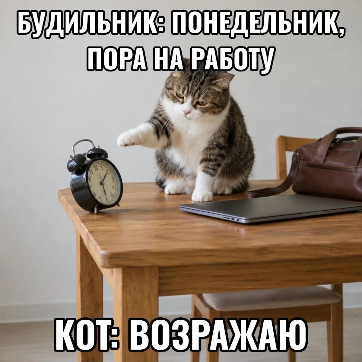 Тот же кот с подписью «Будильник: понедельник, пора на работу — Кот: возражаю»