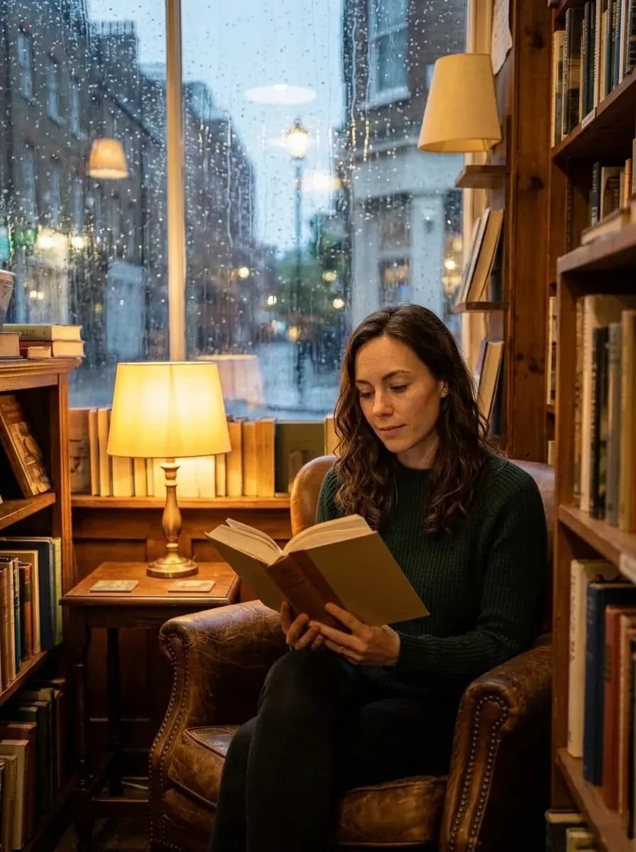 Двойник читает книгу в кресле старого книжного магазина, за окном дождь