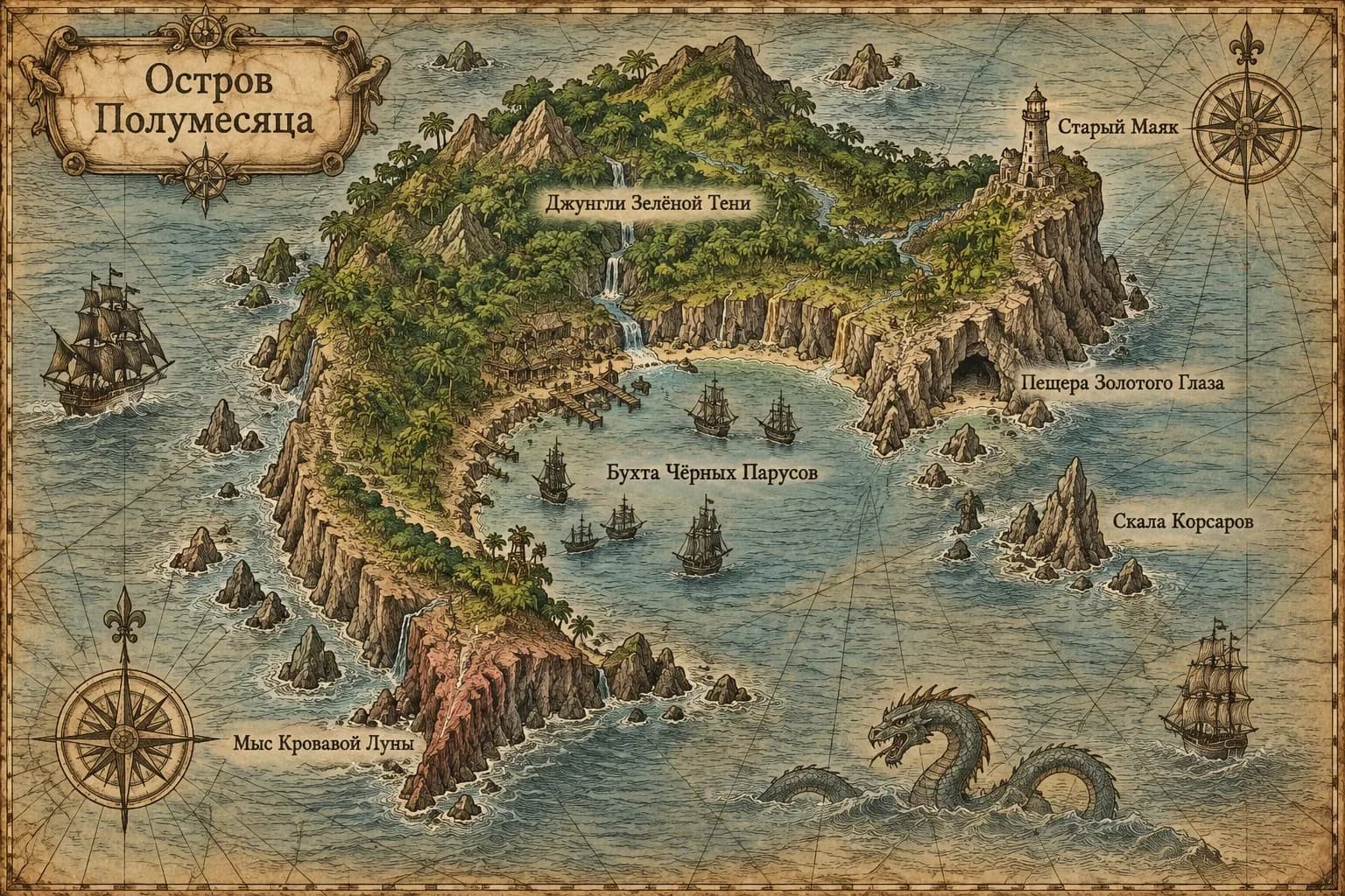 Старая морская карта Острова Полумесяца: Бухта Чёрных Парусов, Старый Маяк, Пещера Золотого Глаза, корабли и морской змей