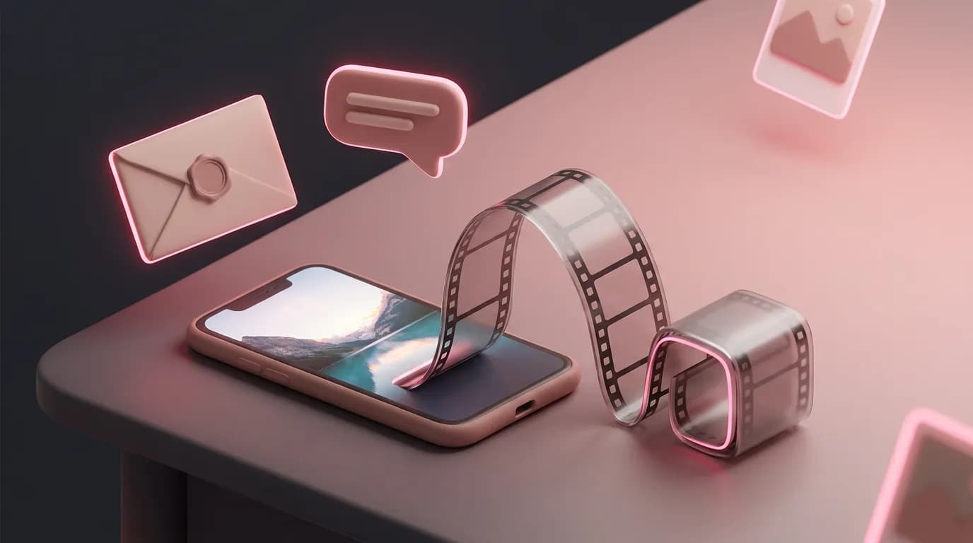 Длинная киноплёнка из смартфона сворачивается в маленький лёгкий кубик рядом с конвертом и облачком чата