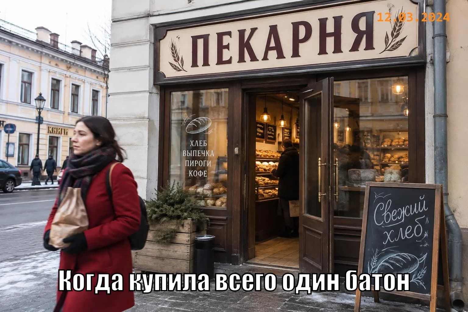 Улица у пекарни: подпись-мем внизу кадра и дата в углу, на вывеске «Пекарня», у входа меловая доска