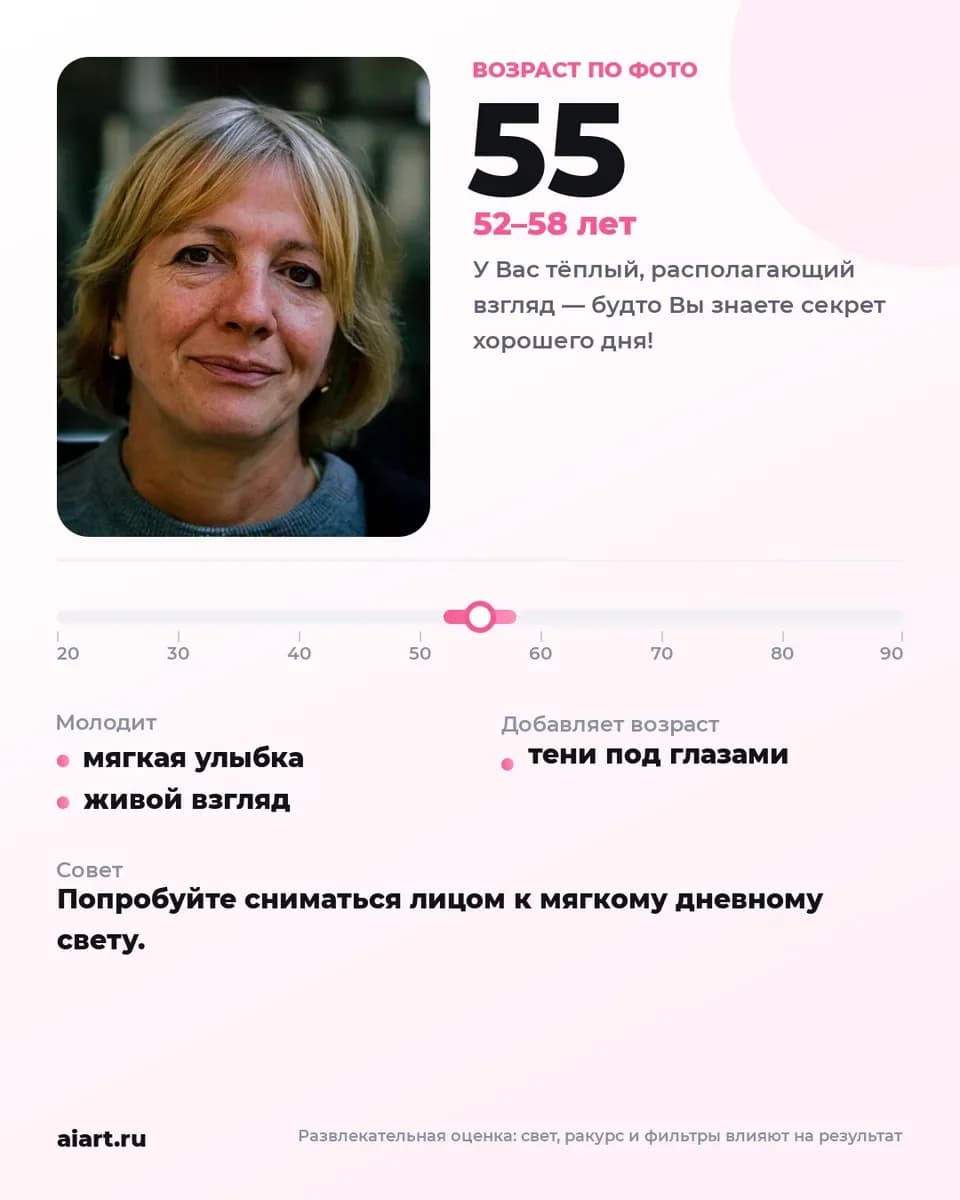 Карточка «Возраст по фото»: женщина со светлыми волосами, 55 лет, диапазон 52–58 лет