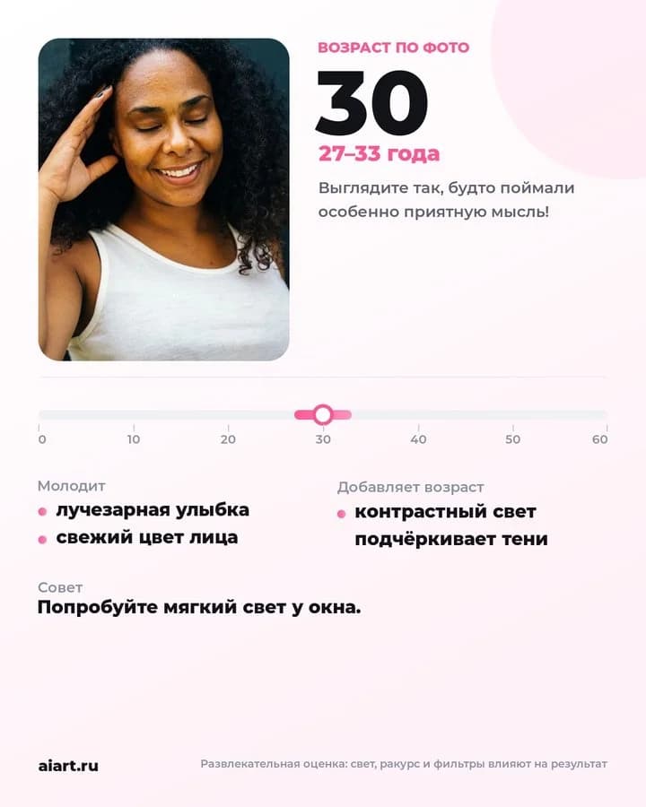 Карточка «Возраст по фото»: улыбающаяся женщина с кудрявыми волосами, 30 лет, диапазон 27–33 года