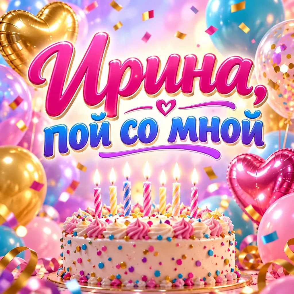 Квадратная обложка с надписью «Ирина, пой со мной», тортом со свечами и воздушными шарами