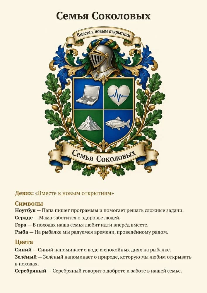 Лист с гербом Соколовых, девизом и объяснением символов и цветов