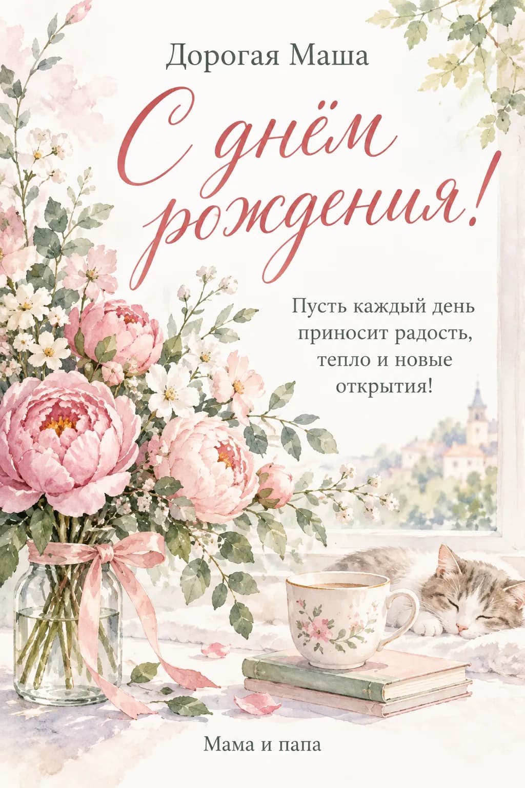 Акварельная открытка «С днём рождения!» для Маши с пионами и спящим котом, подпись «Мама и папа»