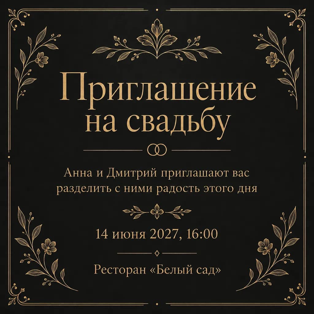 Квадратное приглашение на свадьбу: золотые буквы на чёрном фоне, Анна и Дмитрий, 14 июня 2027, 16:00, ресторан «Белый сад»