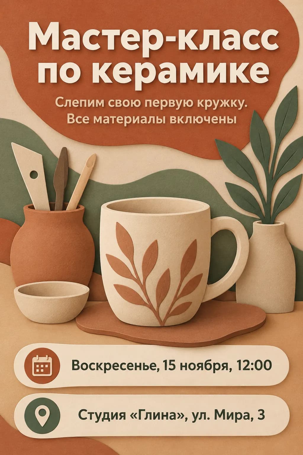 Афиша мастер-класса по керамике в технике бумажной аппликации: воскресенье, 15 ноября, 12:00, студия «Глина»