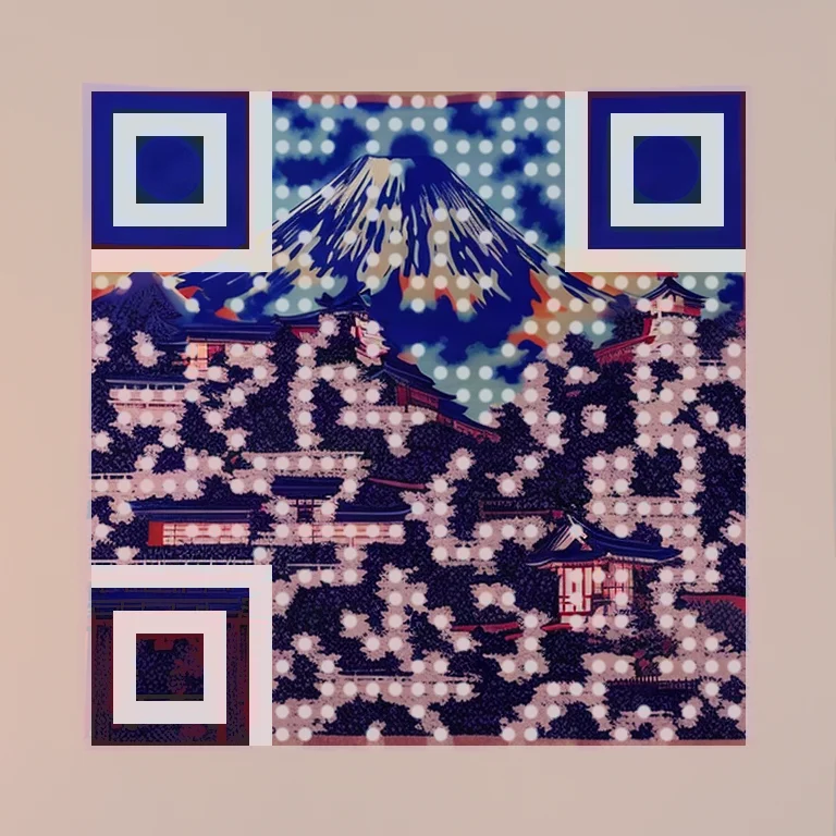 QR-код в стиле японской гравюры с горой Фудзи